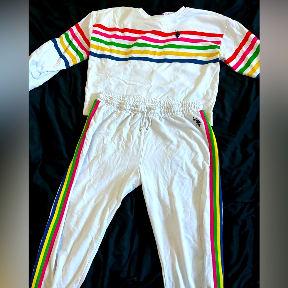US Polo Assn Womens White Striped Sweatshirt and Sweatpant Set